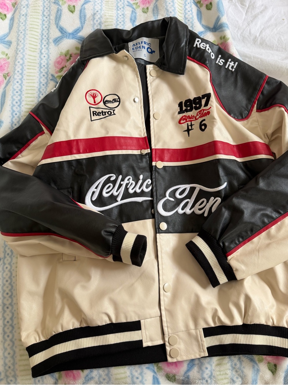 Aelfric Eden Cream, Black & Red Retro Varsity Bomber Jacket